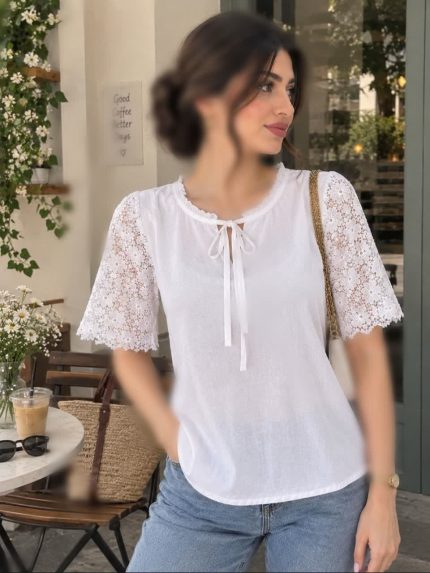 شومیز مجلسی آستین گیپور زنانه دخترانه سفید برند Shein