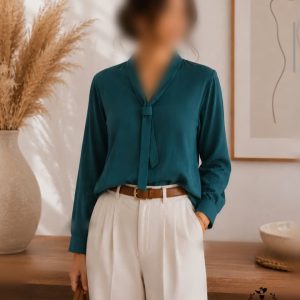 شومیز کرپ الیزه دخترانه زنانه وارداتی سبز یقه کرواتی
