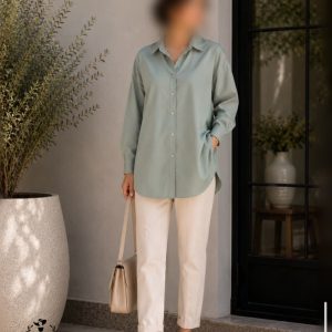 شومیز کتان کاغذی دخترانه زنانه وارداتی سبز برند HAPPINESS ترک